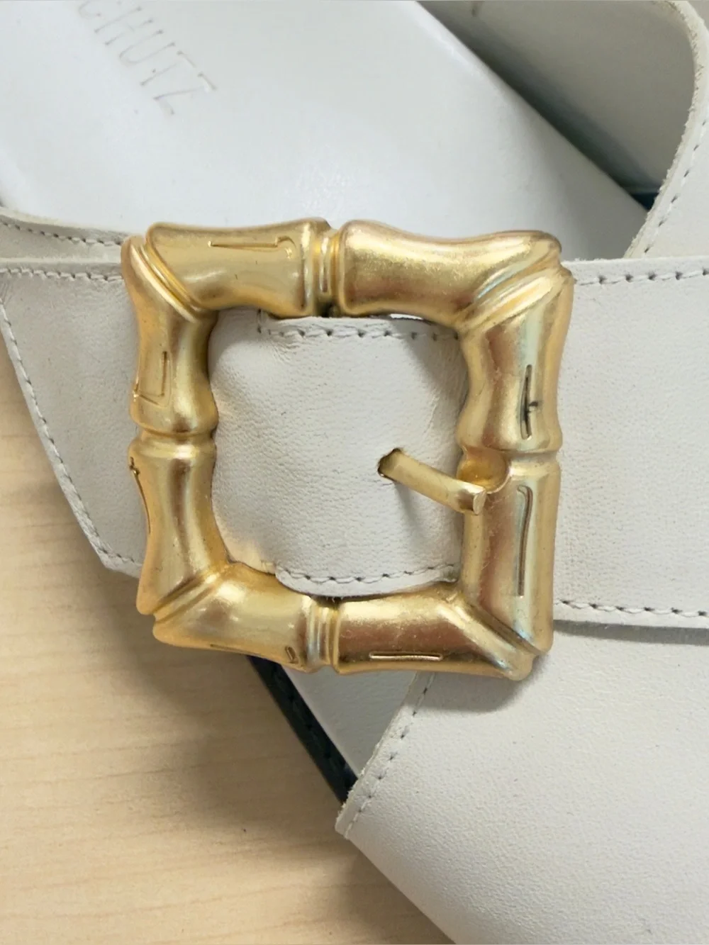 SCHUTZ Enola Leather Crossband Gold Buckle Slide Sandals Pearl White 8.5
